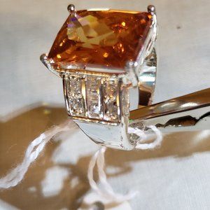 Flashy amber-colored cocktail ring, sterling with chrome (?) plating, size 8